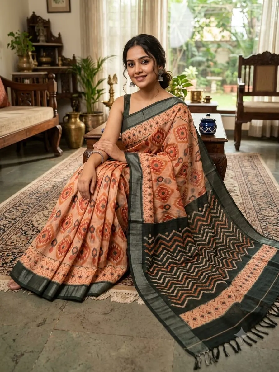 Peach Ikat Print Linen Cotton Saree with Olive Green Chevron Border